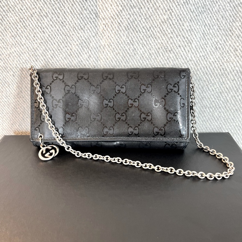 Vintage Gucci GG Imprime Long Wallet on chain, Black.